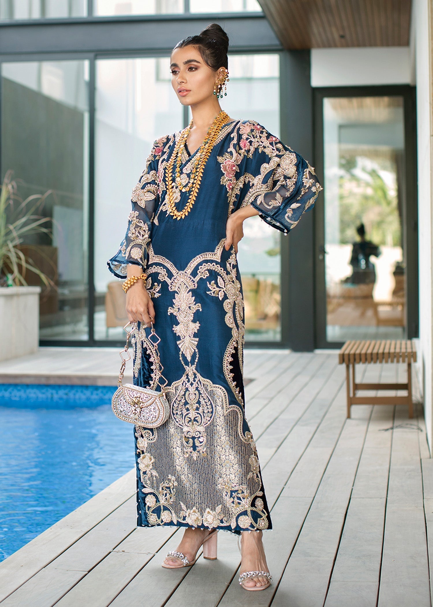 Saira Shakira - Azure barat walima mehndi nikkah style gown made to order
mariab, hussain rehar, akbar aslam designer suits luxury dresses stitched salwar kameez, eid collection readymade chooridar desi clothes USA, UK, CANADA, GERMANY, EUROPE
Evening party wear guest suit, sharara gharara, saree