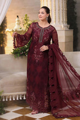 3 Piece Embroidered Chiffon Suit - MPC-26-108-Burgundy