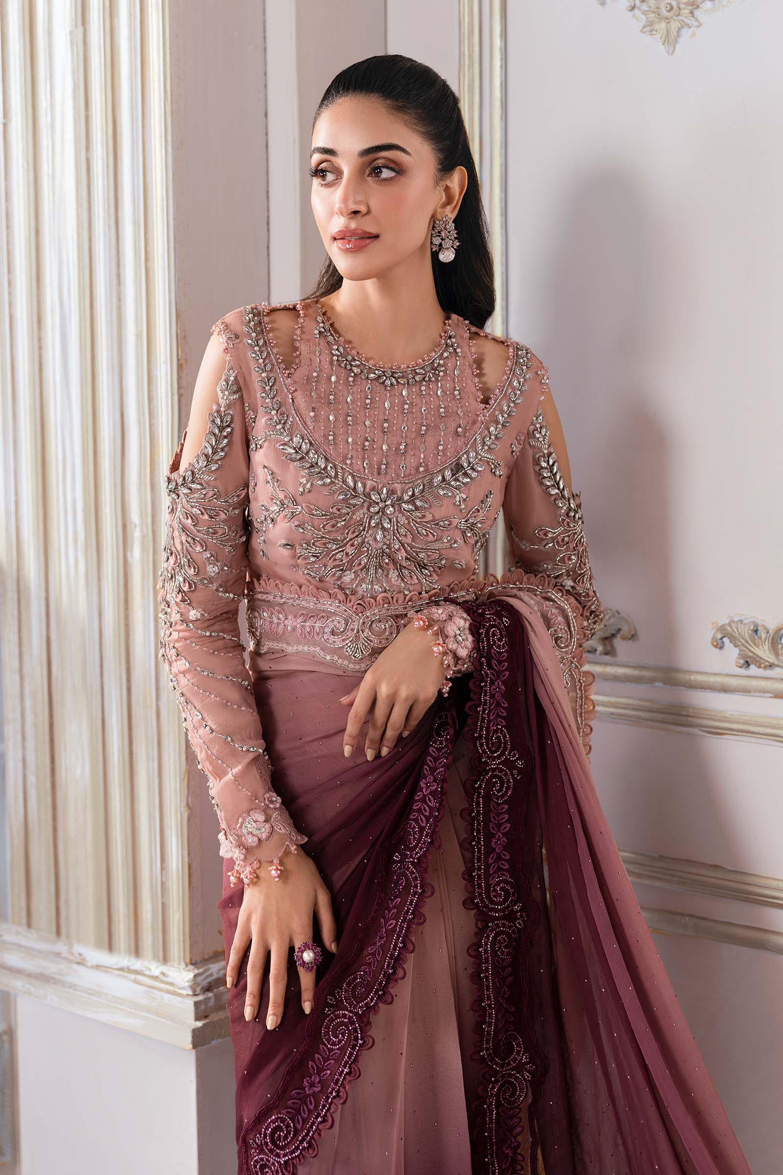 Embroidered Chiffon Saree | BD-3001 Ash Pink Ombre