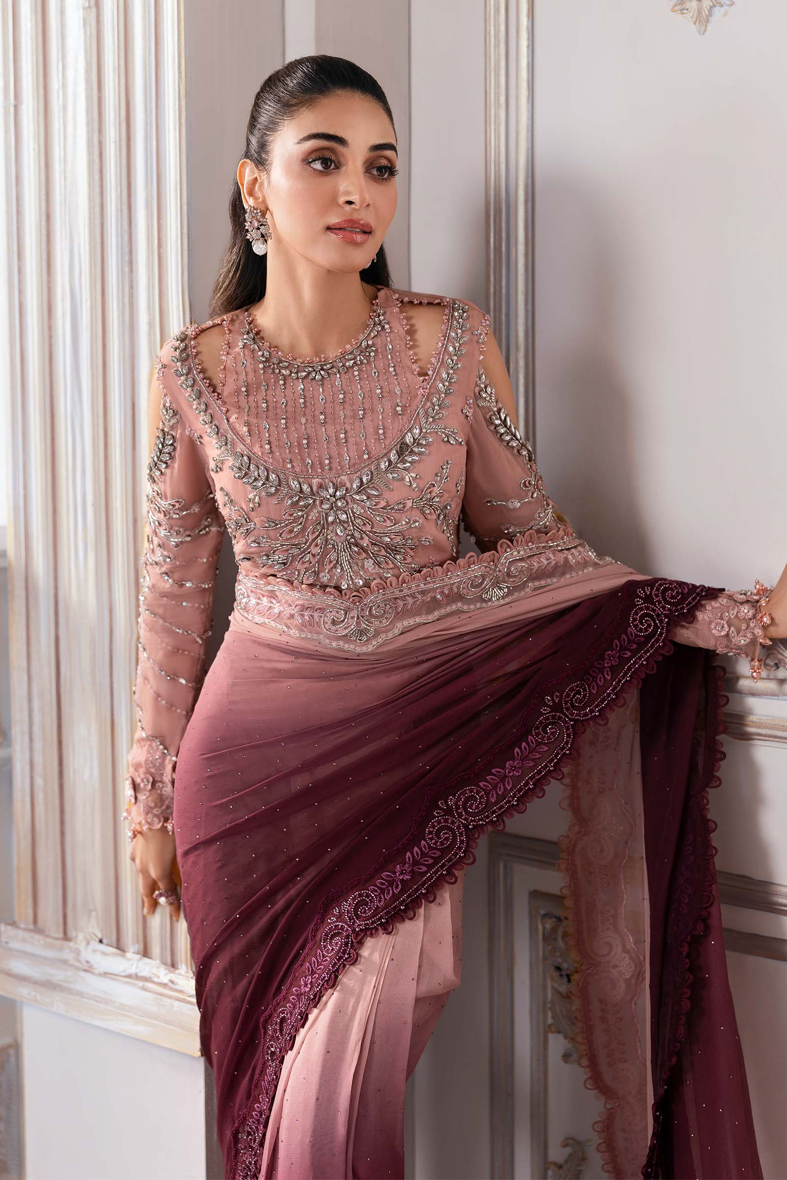 Embroidered Chiffon Saree | BD-3001 Ash Pink Ombre
