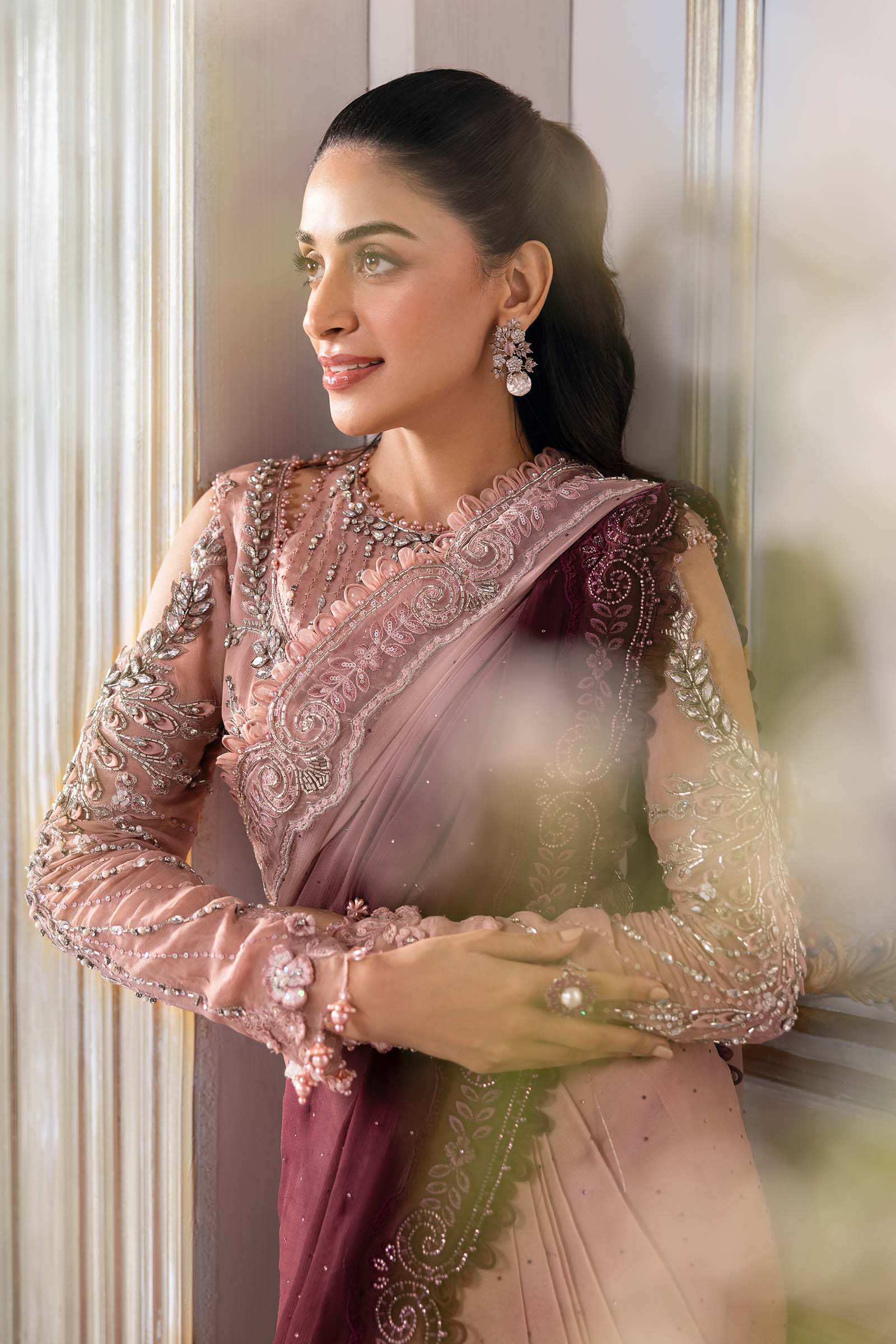Embroidered Chiffon Saree | BD-3001 Ash Pink Ombre