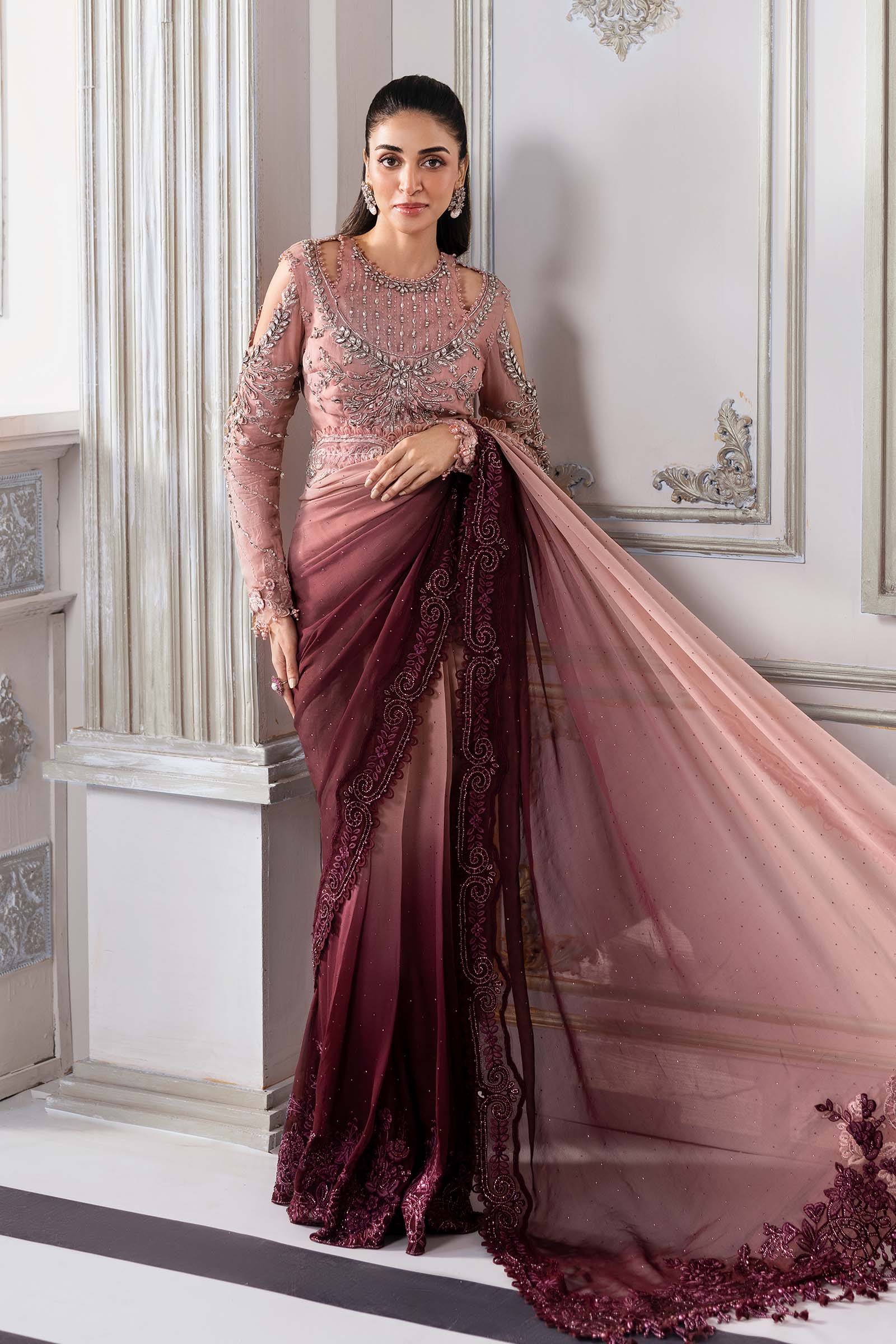 Embroidered Chiffon Saree | BD-3001 Ash Pink Ombre