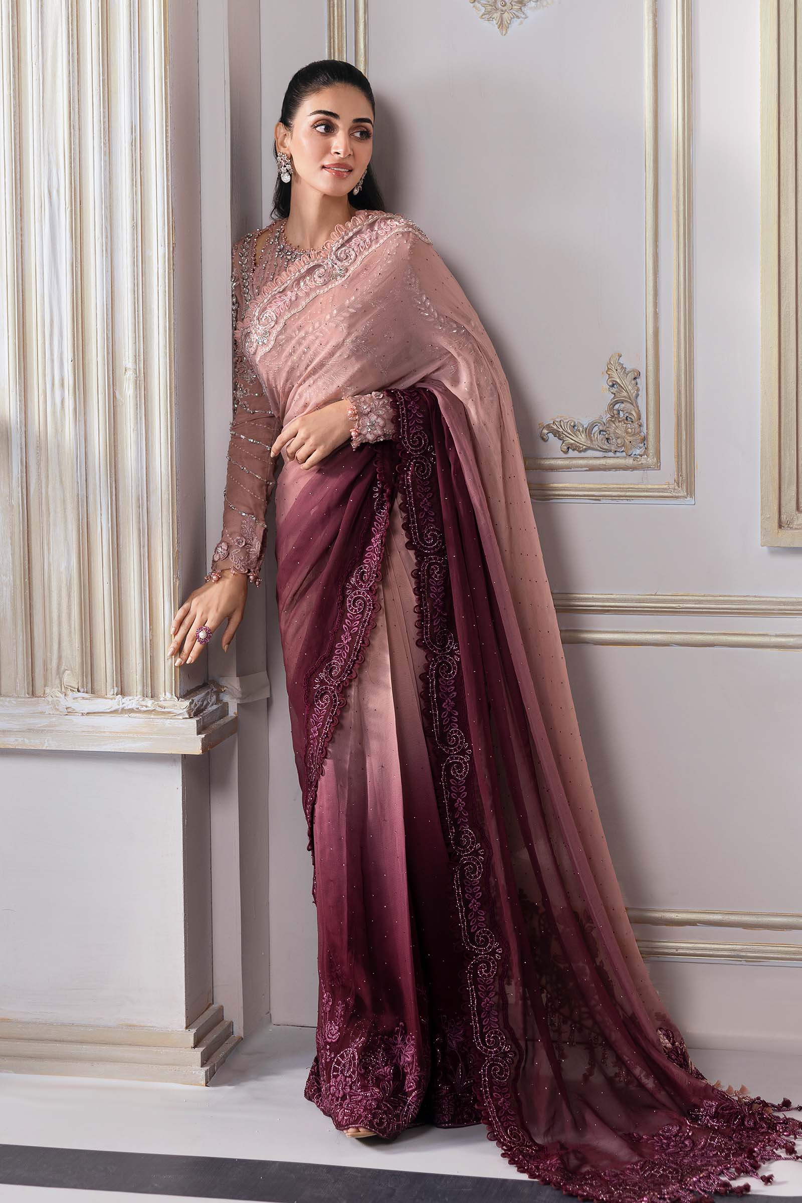 Embroidered Chiffon Saree | BD-3001 Ash Pink Ombre