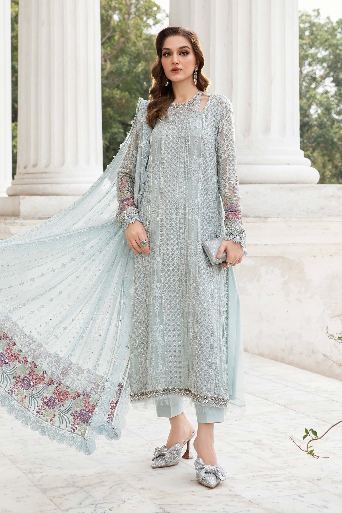 ice blue dress pakistani ELIRA Ice Blue Shisha Silk Pakistani Dress with Pearl Embroidery Shirt Pant & Dupatta / L