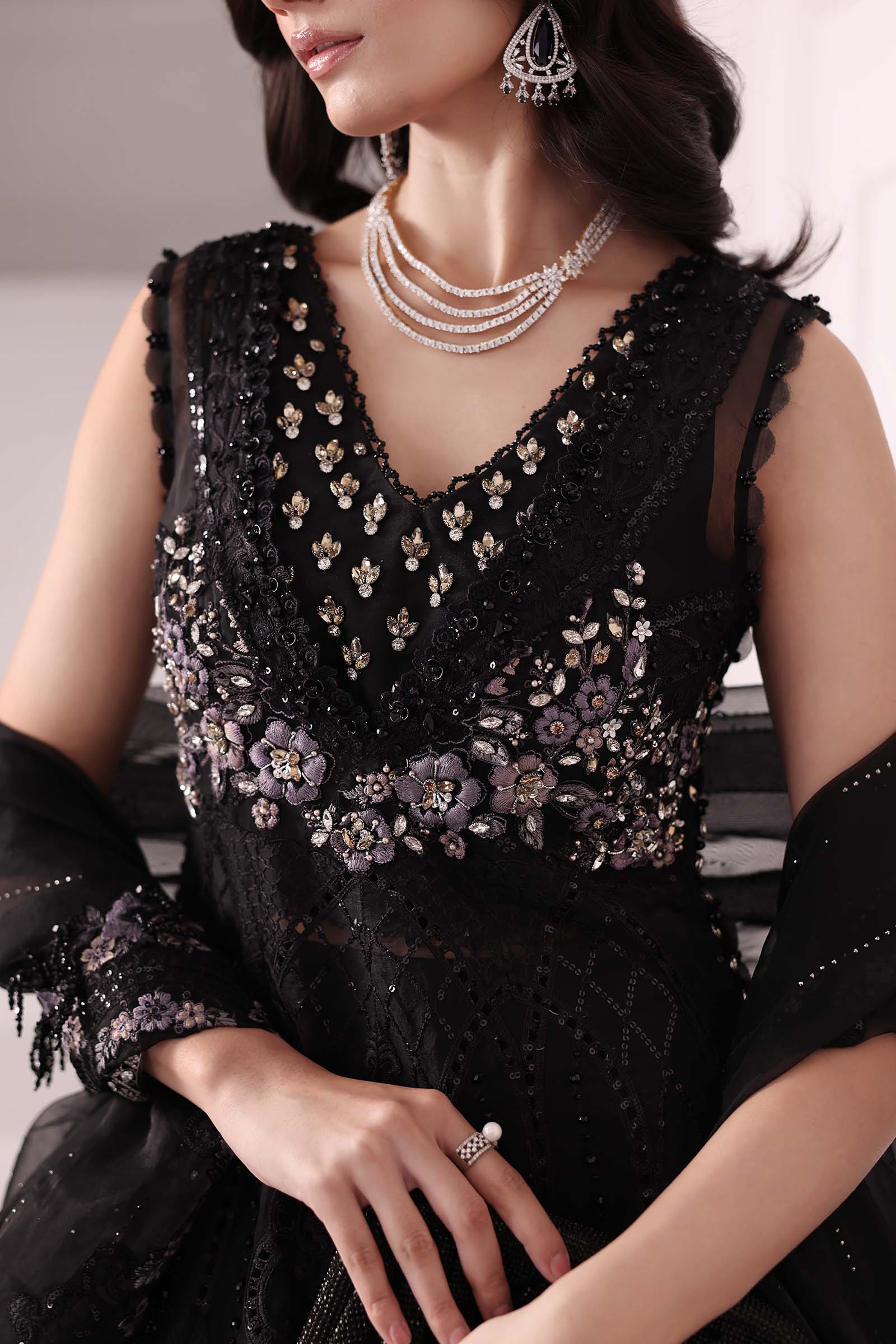 Embroidered organza Suit | BD-3004-Black