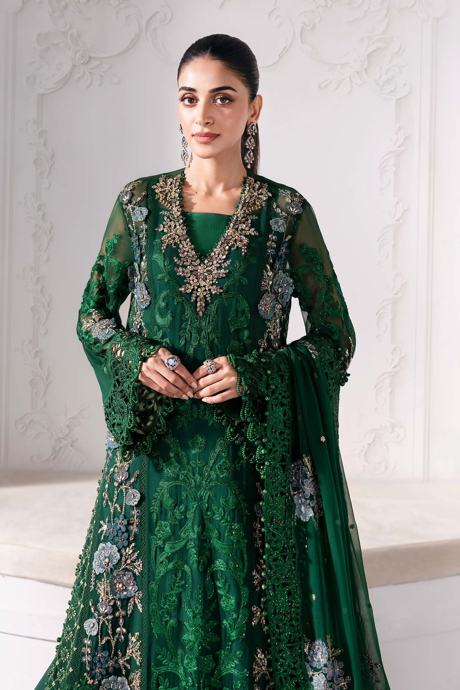 Embroidered Chiffon Suit | BD-3008-Emerald Green