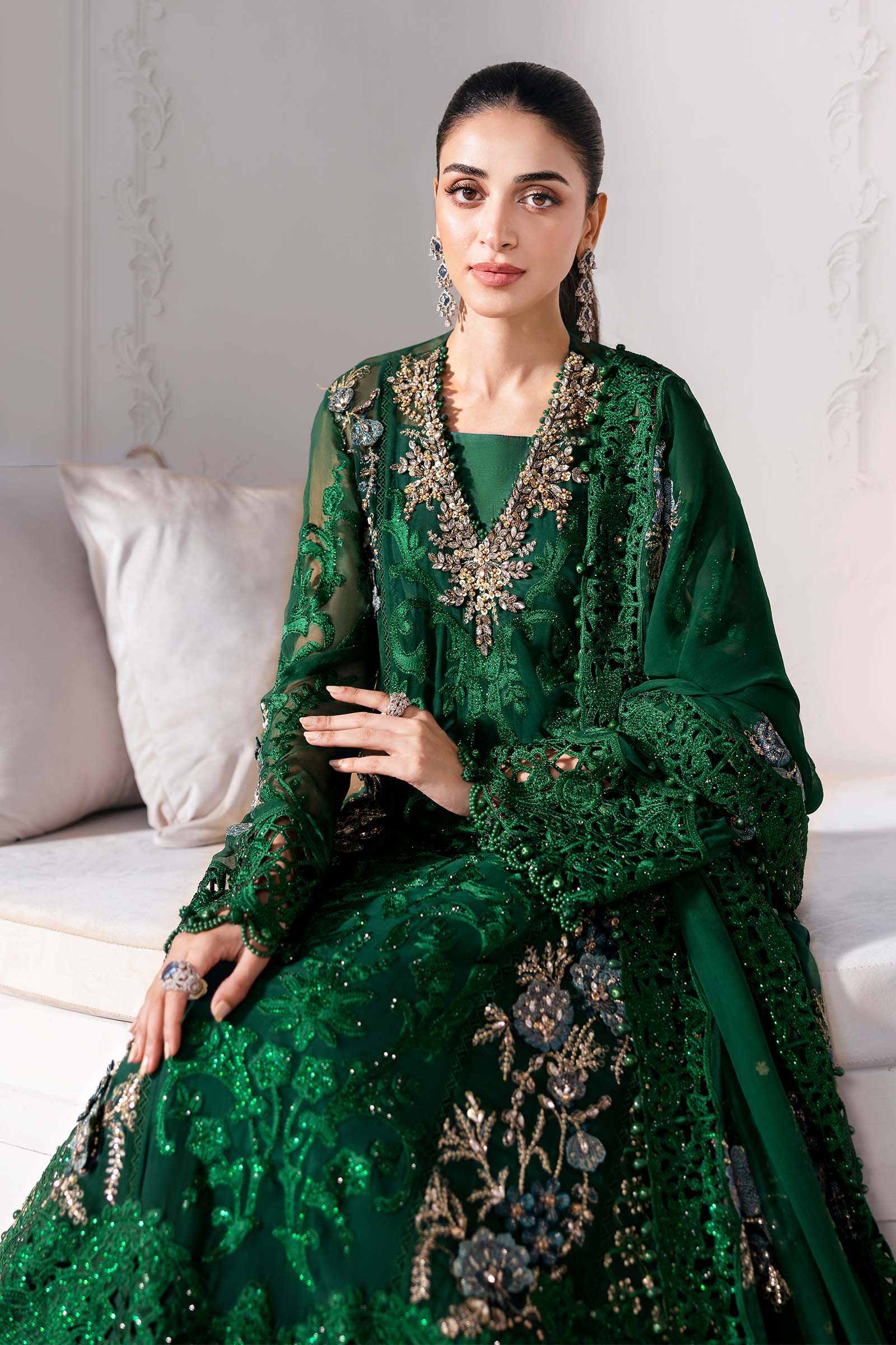 Embroidered Chiffon Suit | BD-3008-Emerald Green