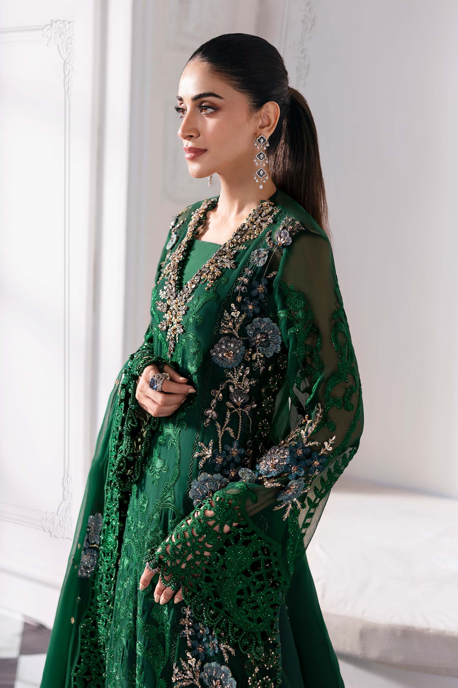 Embroidered Chiffon Suit | BD-3008-Emerald Green