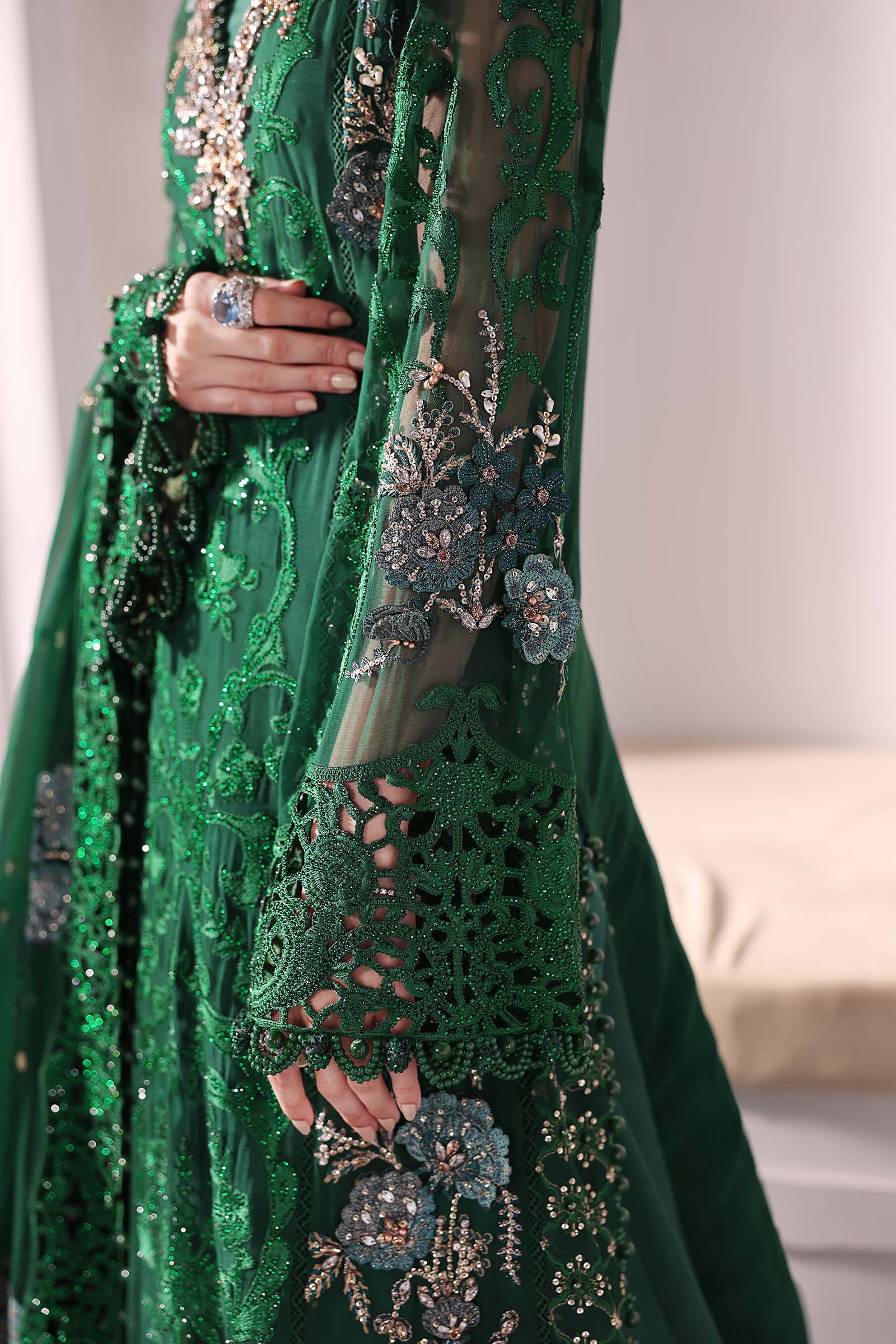 Embroidered Chiffon Suit | BD-3008-Emerald Green