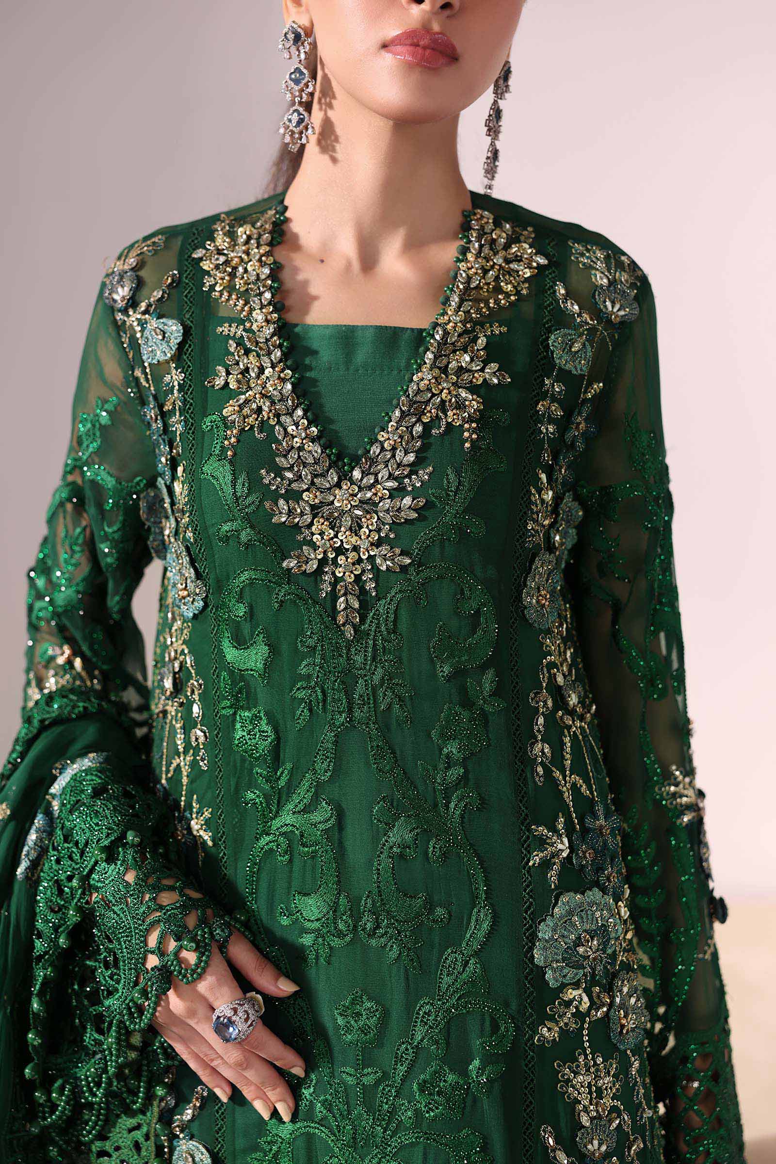 Embroidered Chiffon Suit | BD-3008-Emerald Green