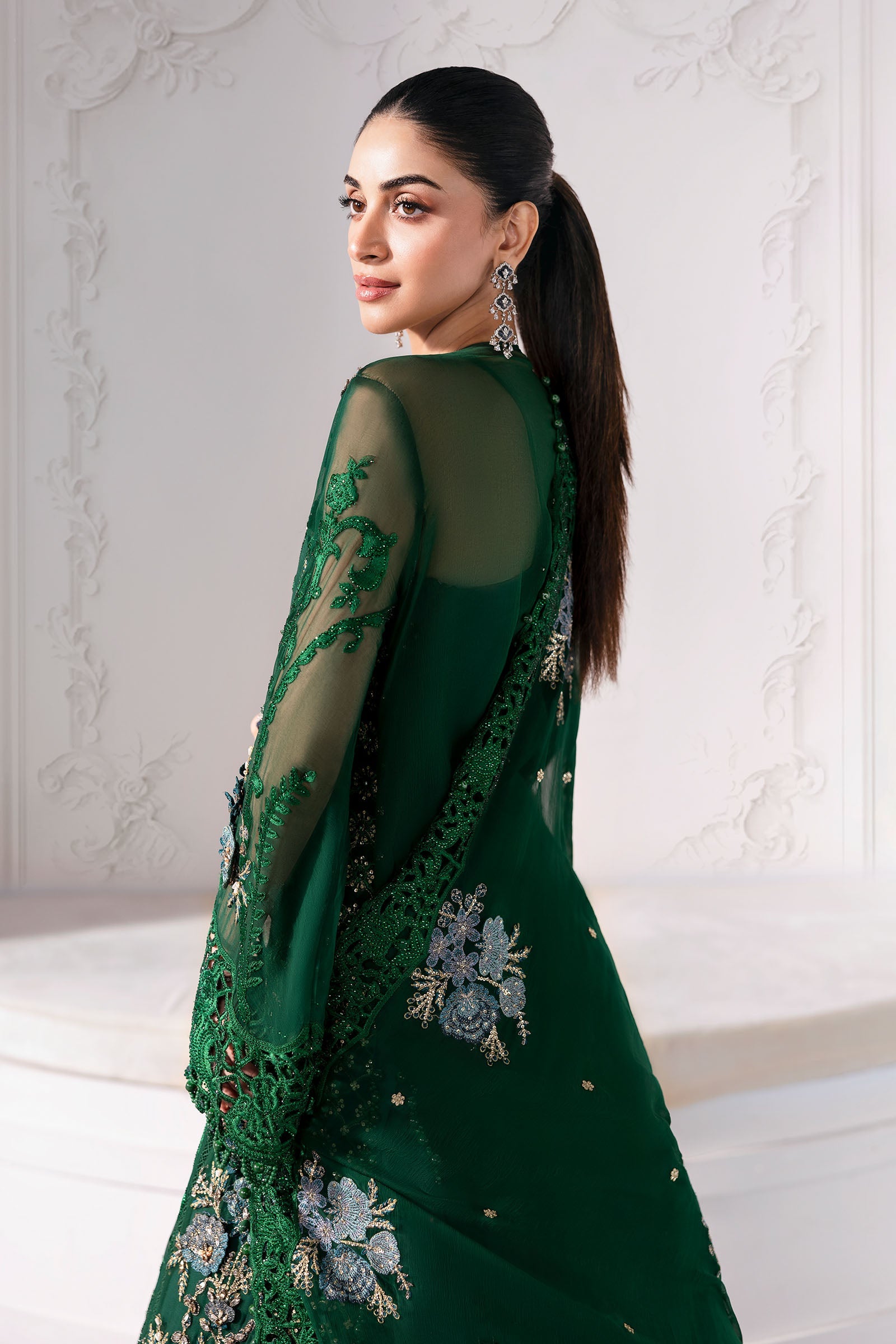 Embroidered Chiffon Suit | BD-3008-Emerald Green