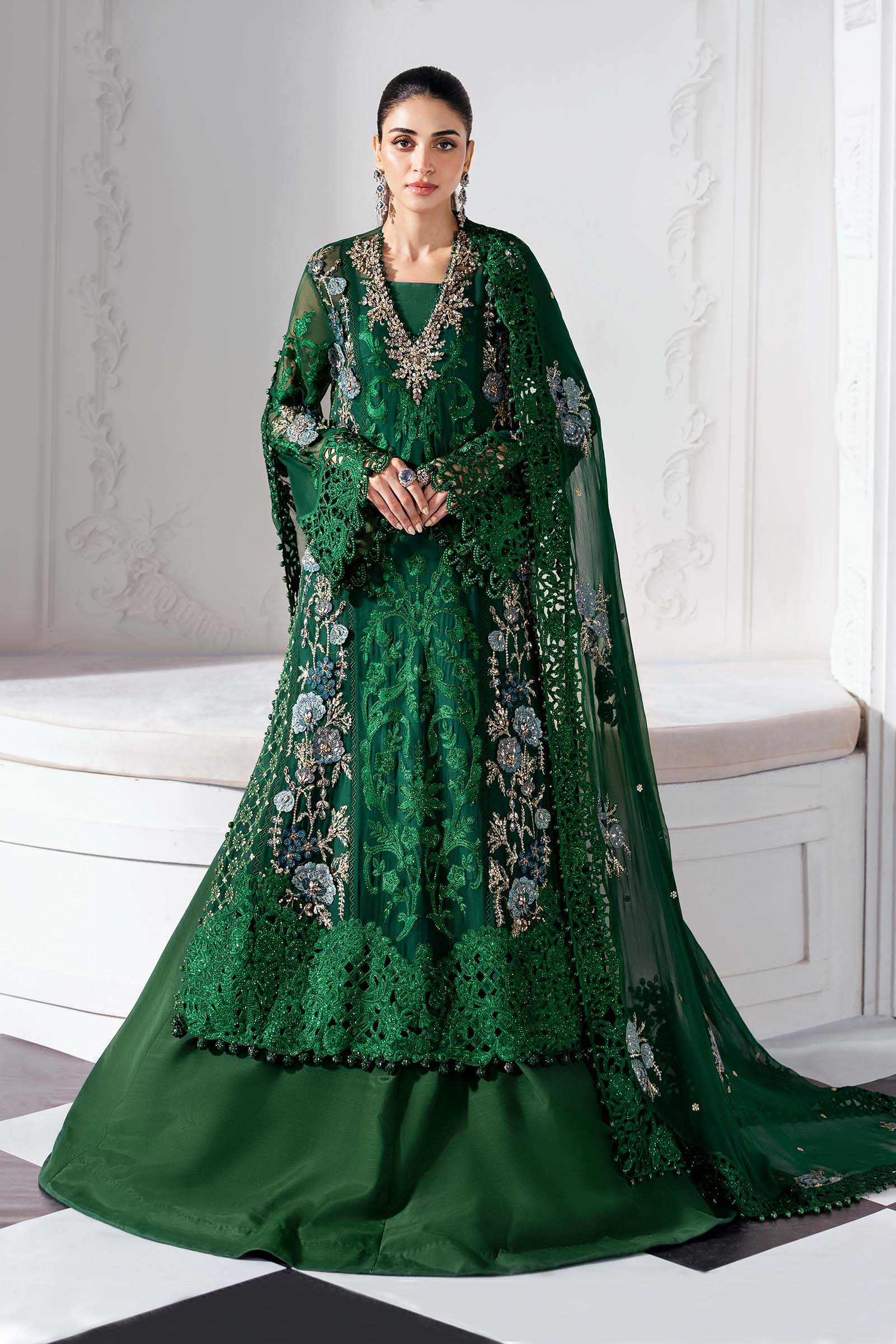 Embroidered Chiffon Suit | BD-3008-Emerald Green