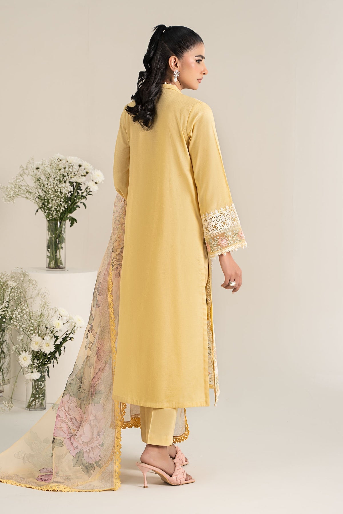 3 Piece Embroidered Dobby Lawn Suit | DW-EF25-151-Yellow