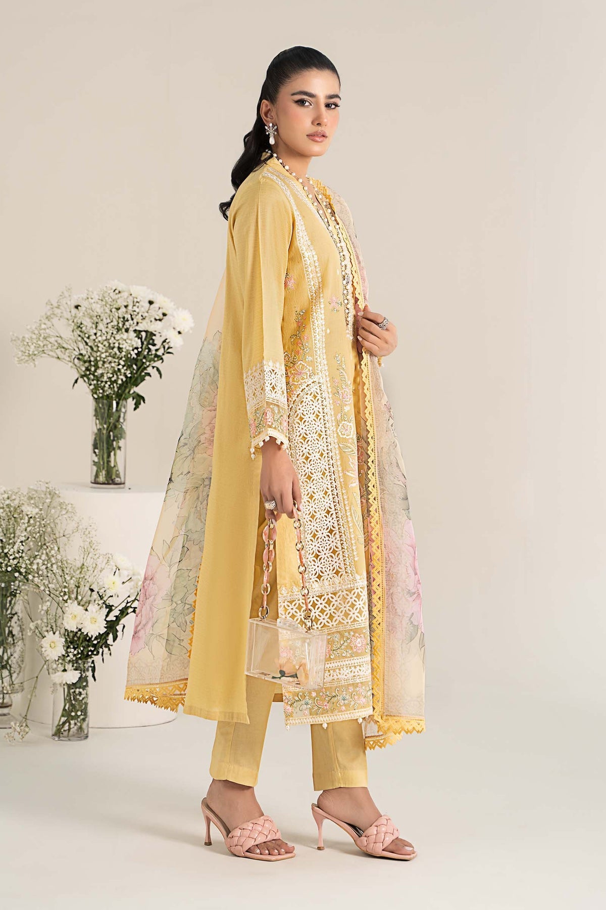 3 Piece Embroidered Dobby Lawn Suit | DW-EF25-151-Yellow