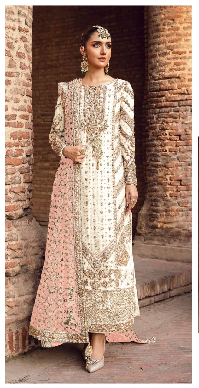 Widad - White pink pakistani indian wedding bridal dress, mehndi nikkah oufits guest suits