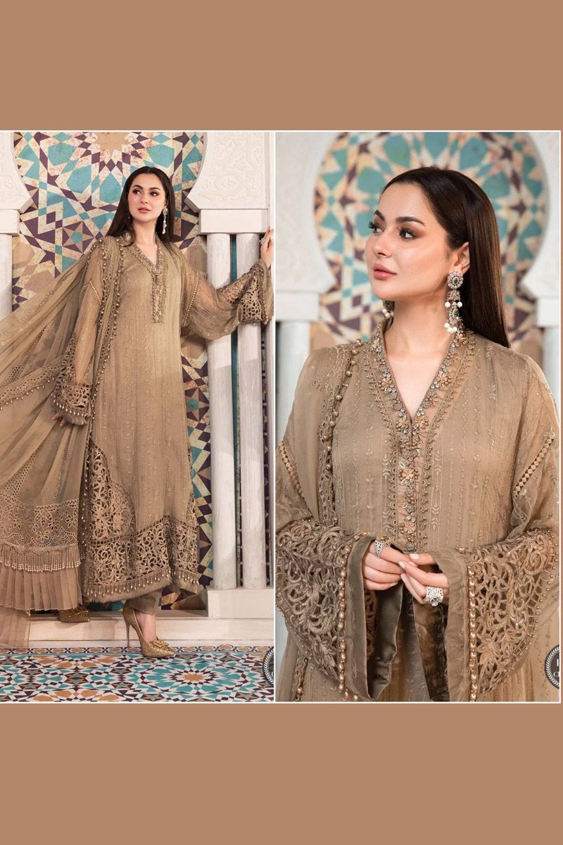 Maria b custom stitched eid chiffon salwar kameez style Wedding Dress MPC-21-105-Coffee