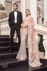 Maria B Chiffon Saree Peach And Grey MPC-23-105
